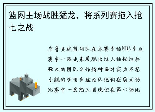 篮网主场战胜猛龙，将系列赛拖入抢七之战