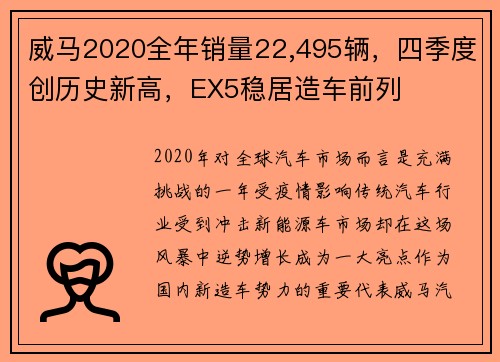 威马2020全年销量22,495辆，四季度创历史新高，EX5稳居造车前列
