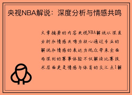 央视NBA解说：深度分析与情感共鸣