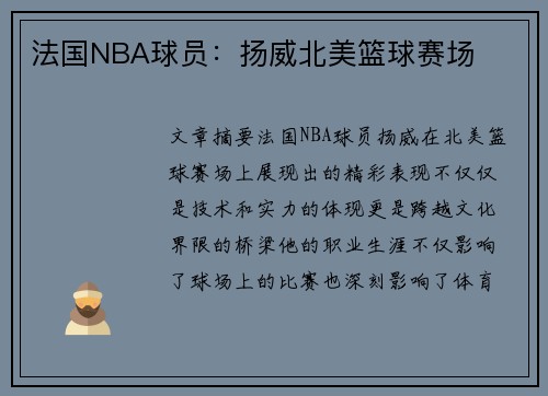法国NBA球员：扬威北美篮球赛场