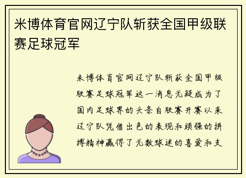 米博体育官网辽宁队斩获全国甲级联赛足球冠军