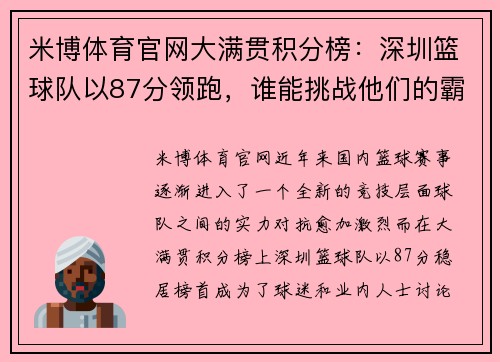 米博体育官网大满贯积分榜：深圳篮球队以87分领跑，谁能挑战他们的霸主地位？